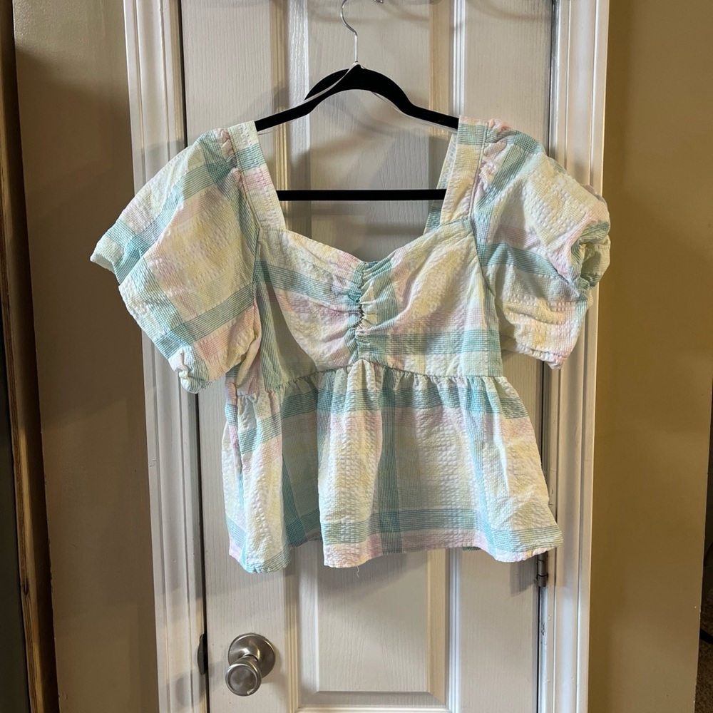 Old Navy Size Medium Multicolor Pastel Plaid Square Neck Smocked Peplum